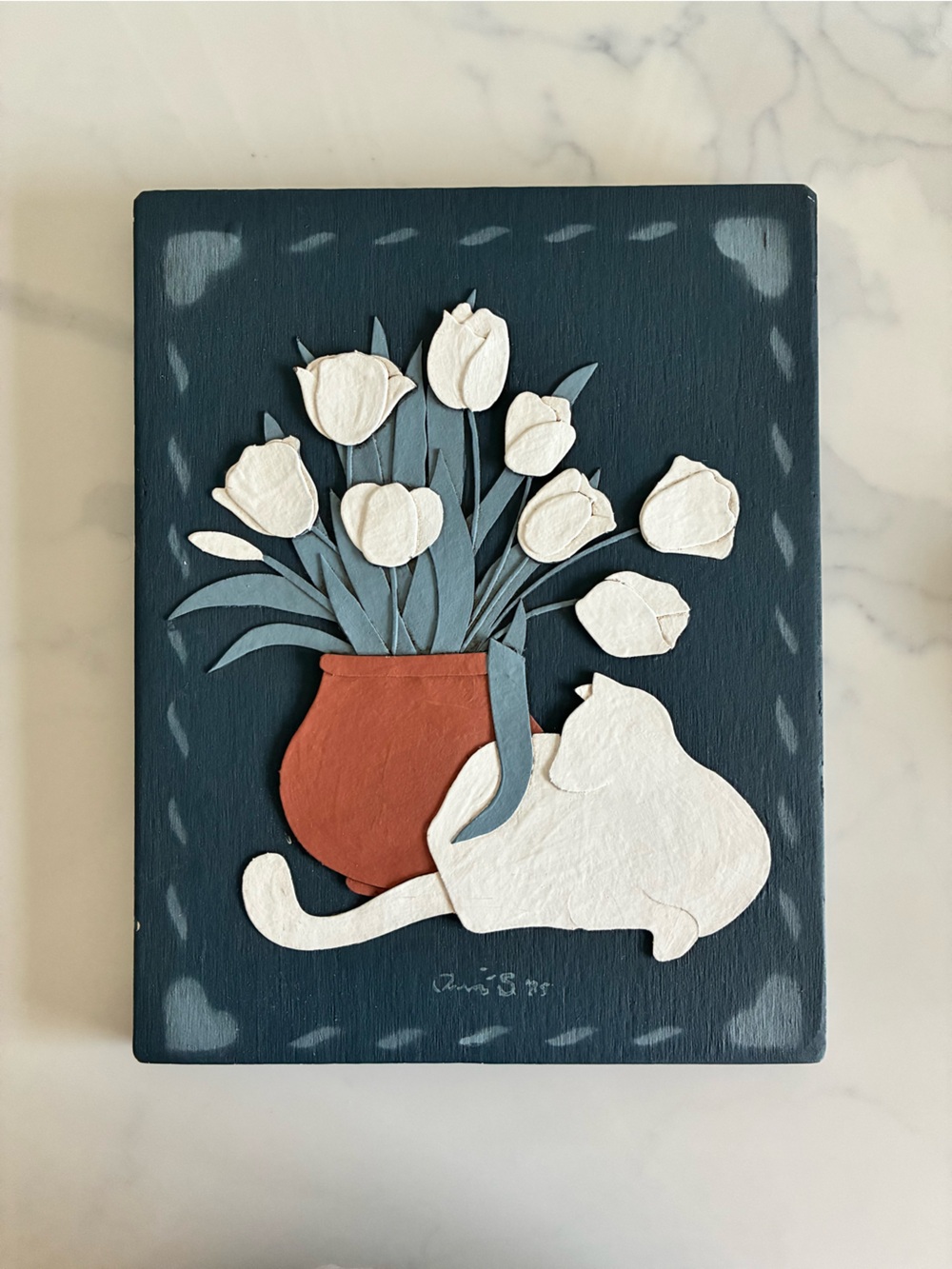 Marushka 1970s Layered wood‎ cutout of "Cat and Calla Lillie's" 14x11